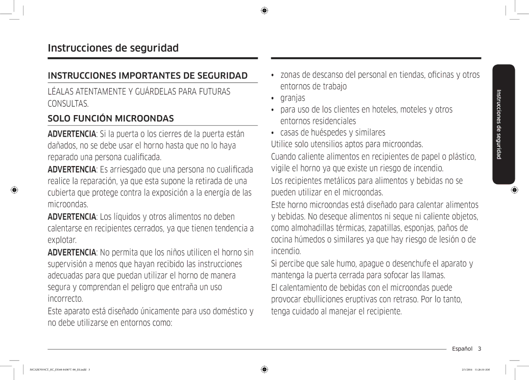 Samsung MC32K7055CT/EC manual Instrucciones de seguridad, Español  